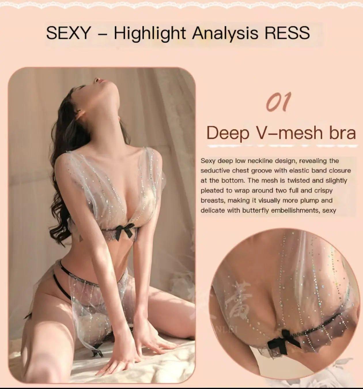 Sexy deep V sequin sheer gauze skirt set - BabyFansBabyFans