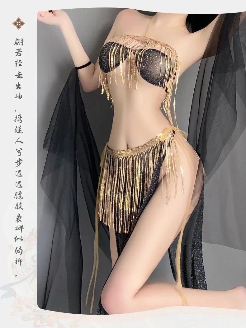 Sexy Exotic Dancer Tassel Sequined Slit Lace - Up Skirt - BabyFansBabyFans