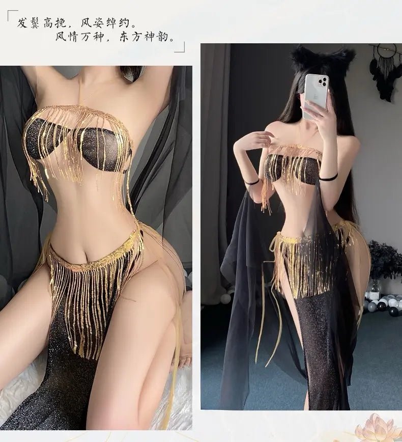 Sexy Exotic Dancer Tassel Sequined Slit Lace - Up Skirt - BabyFansBabyFans