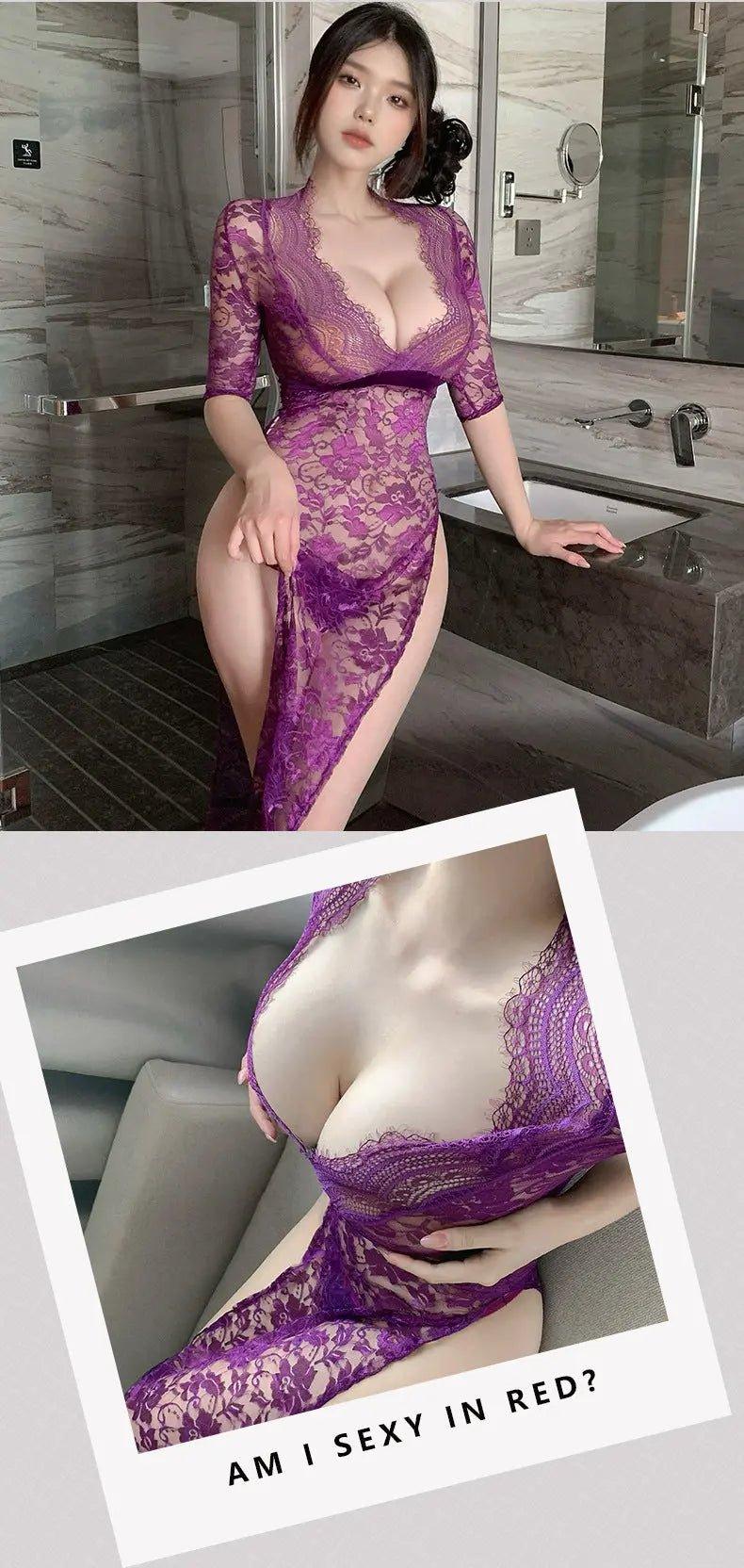 Sexy lace seduction see - through maxi skirt hot side slit slim uniform pajamas - BabyFansBabyFans