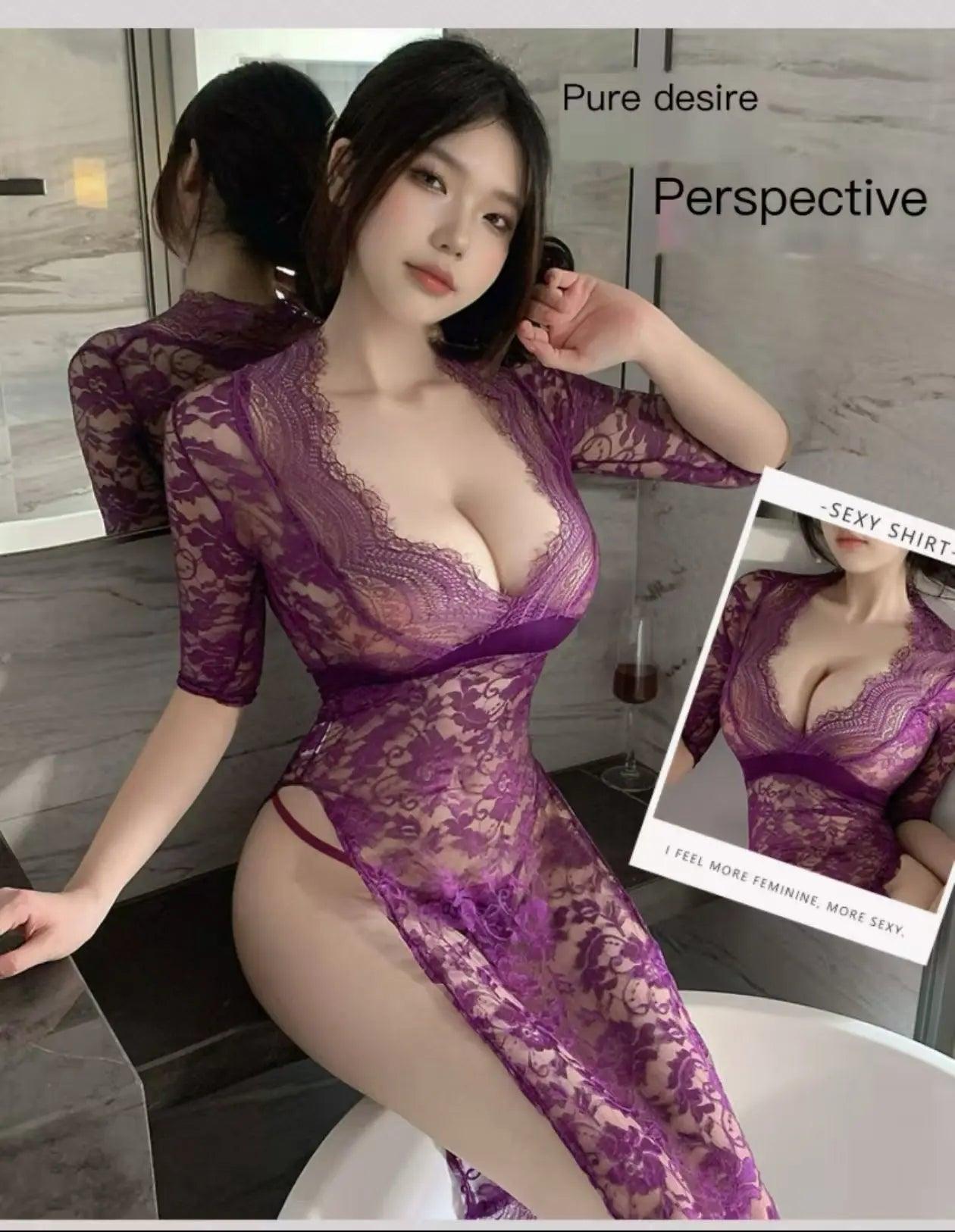 Sexy lace seduction see - through maxi skirt hot side slit slim uniform pajamas - BabyFansBabyFans