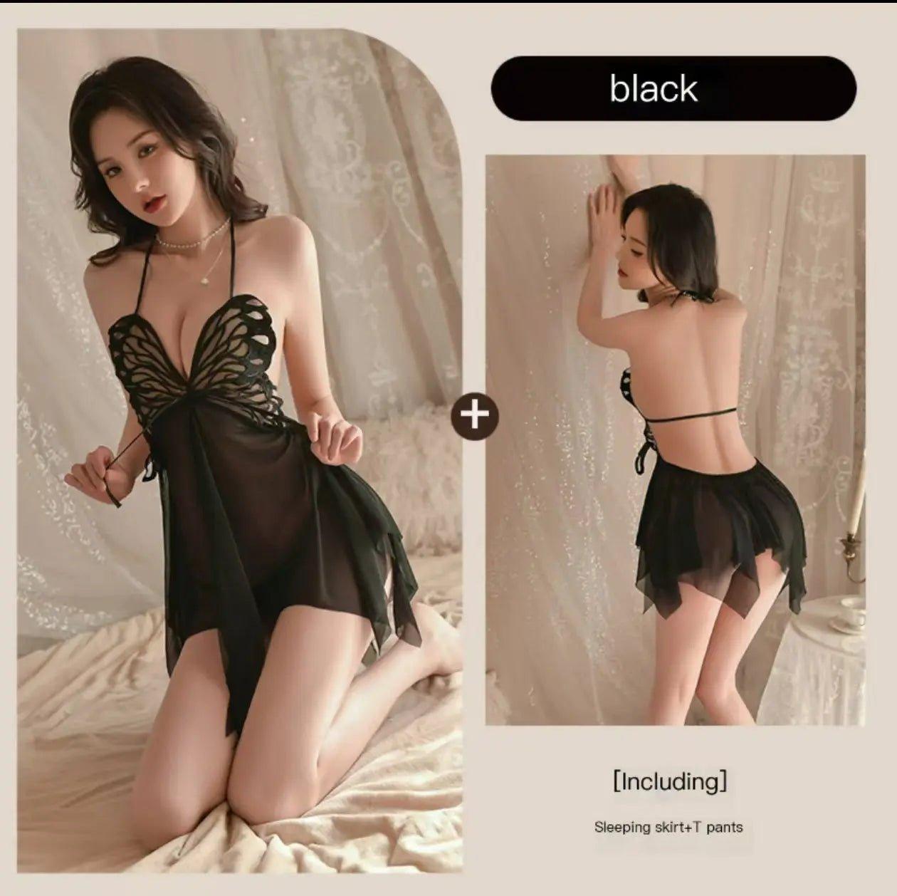 Sexy Pure Lust Nightdress Female Hot Butterfly Sheer Uniform Seduction Pajama Set - BabyFansBabyFans
