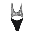Color blocked hollow one - piece high fork high waist sexy bikini - BabyFansBabyFans
