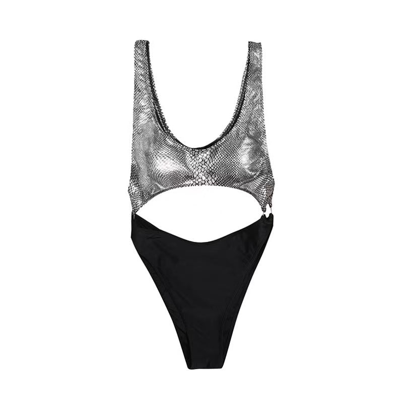 Color blocked hollow one - piece high fork high waist sexy bikini - BabyFansBabyFans