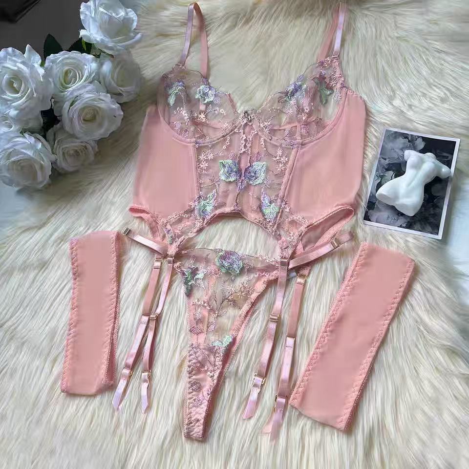 Embroidered flower thin transparent gathering underwear set - BabyFansBabyFans