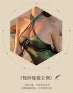 Green snake cheongsam cos sexy stand collar halter neck shawl see - through uniform - BabyFansBabyFans