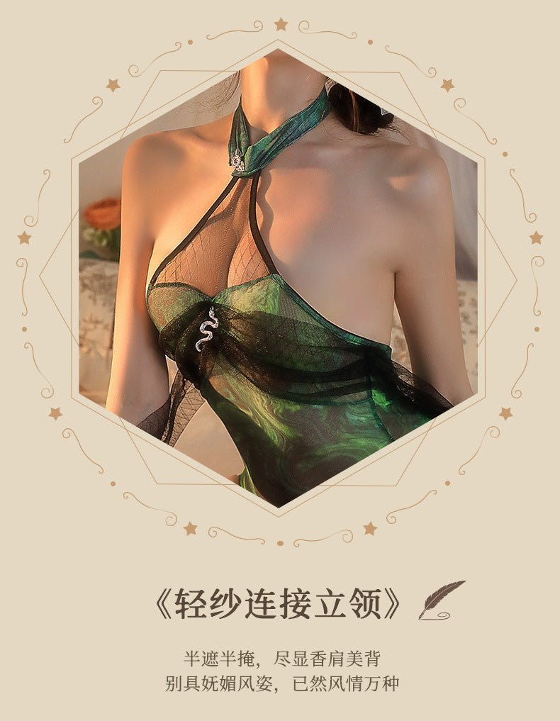 Green snake cheongsam cos sexy stand collar halter neck shawl see - through uniform - BabyFansBabyFans