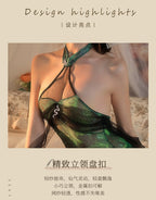 Green snake cheongsam cos sexy stand collar halter neck shawl see - through uniform - BabyFansBabyFans