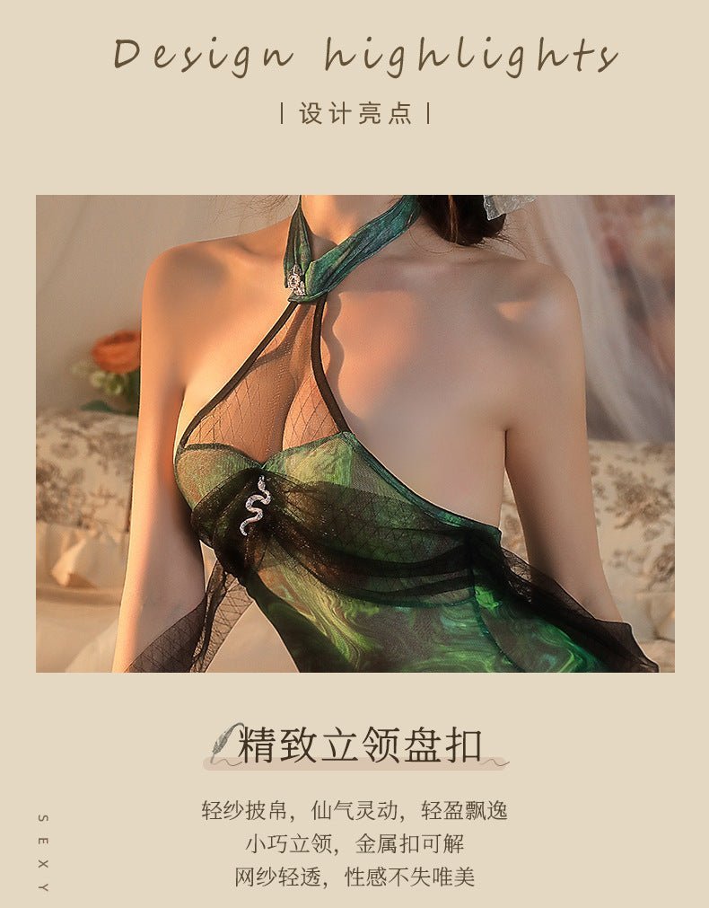 Green snake cheongsam cos sexy stand collar halter neck shawl see - through uniform - BabyFansBabyFans