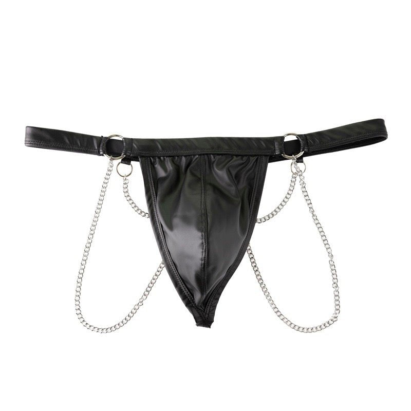 Men's sexy underwear, thong, patent leather chain - BabyFansBabyFans