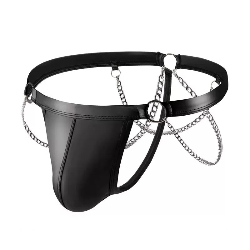 Men's sexy underwear, thong, patent leather chain - BabyFansBabyFans