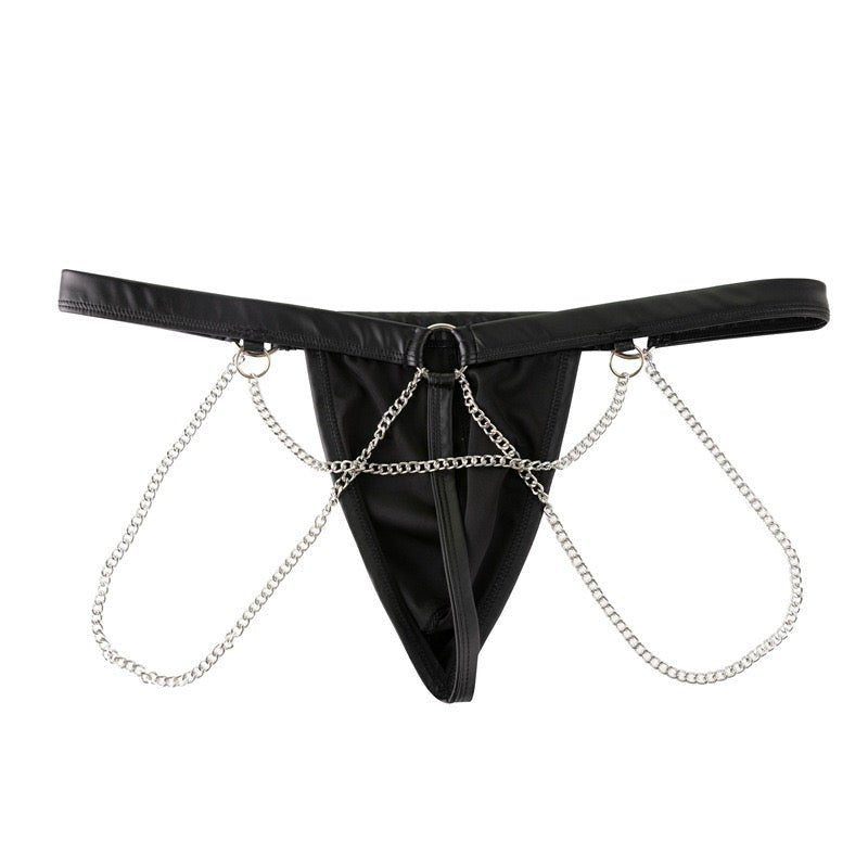 Men's sexy underwear, thong, patent leather chain - BabyFansBabyFans