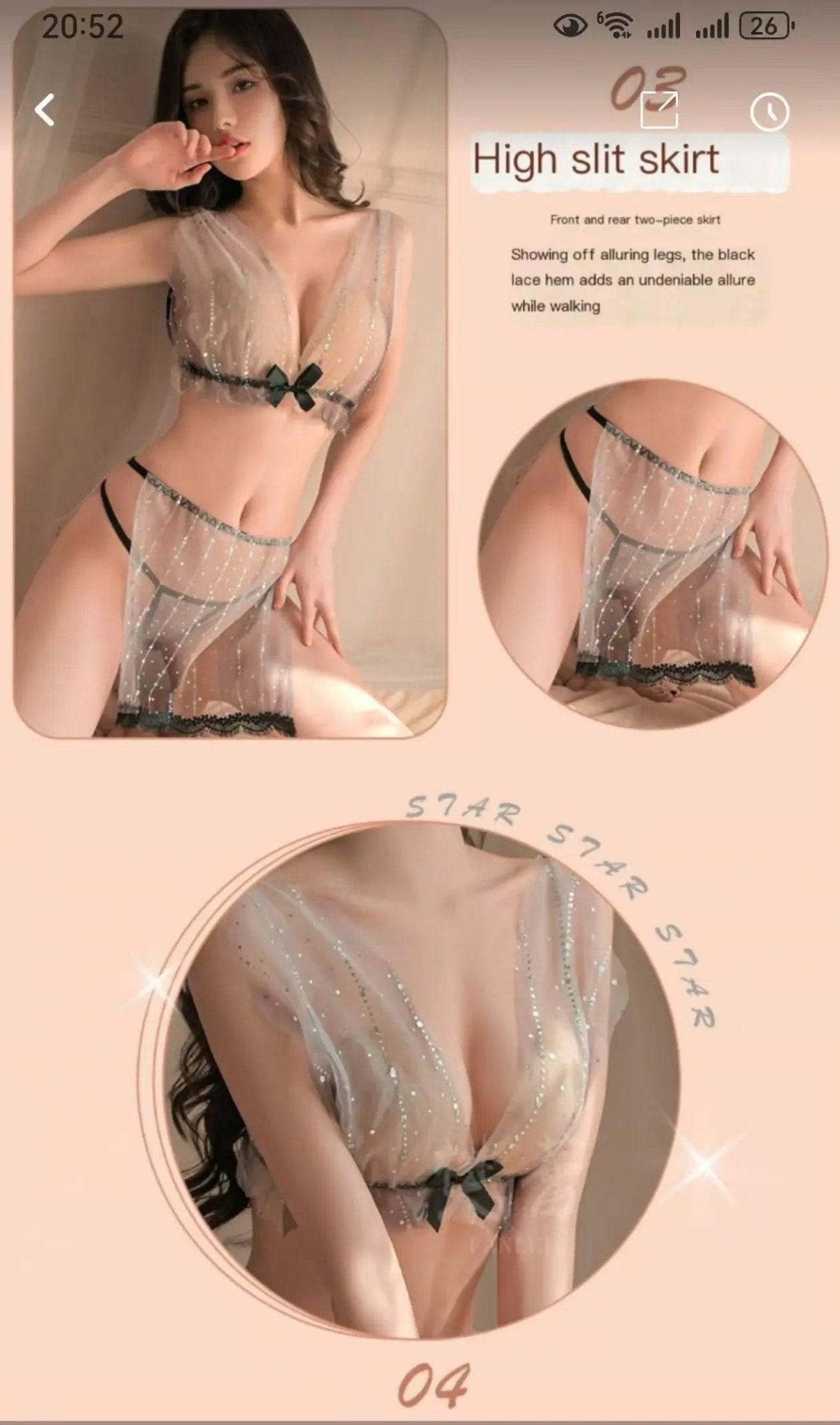 Sexy deep V sequin sheer gauze skirt set - BabyFansBabyFans