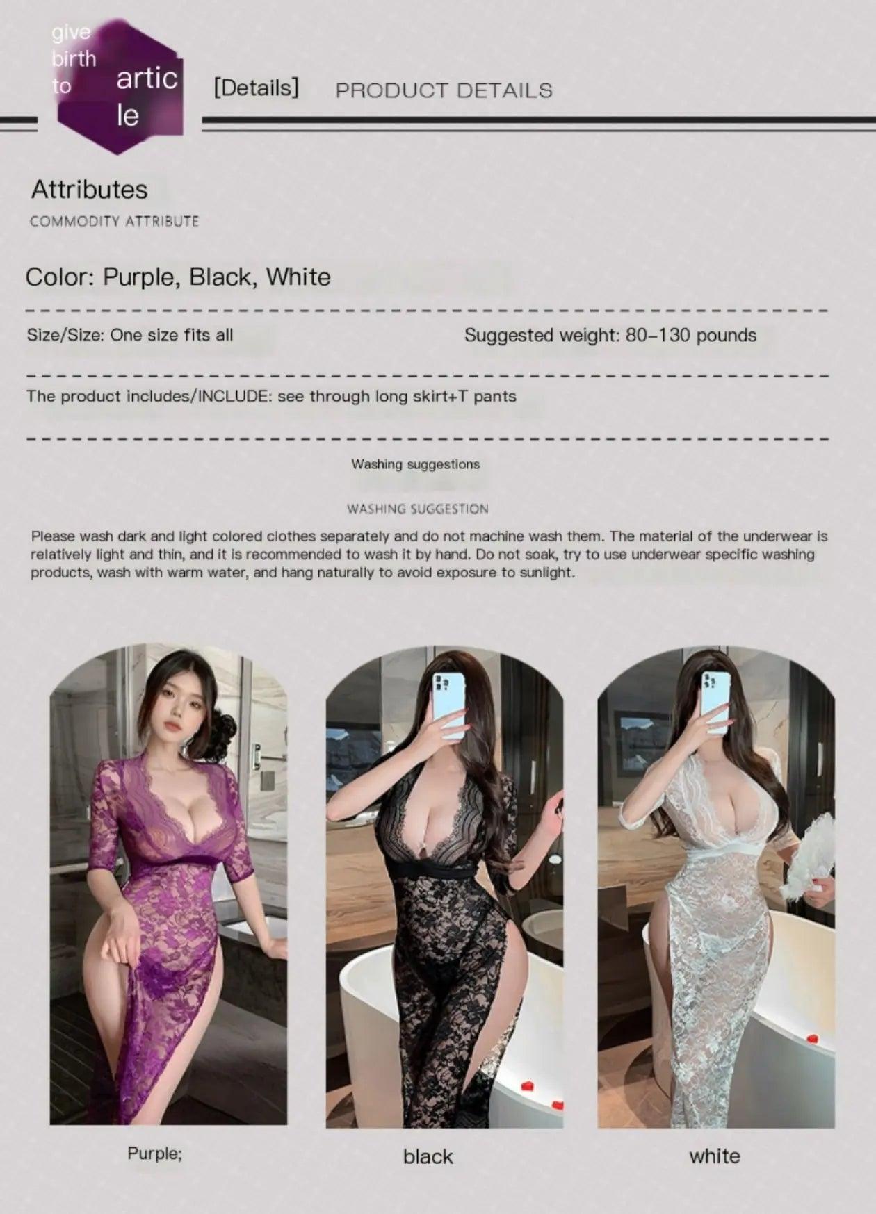 Sexy lace seduction see - through maxi skirt hot side slit slim uniform pajamas - BabyFansBabyFans